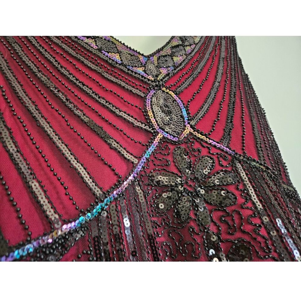 Women XL Flapper dress costume halloween maroon Burgundy wine fringe black Party - Picture 3 of 14